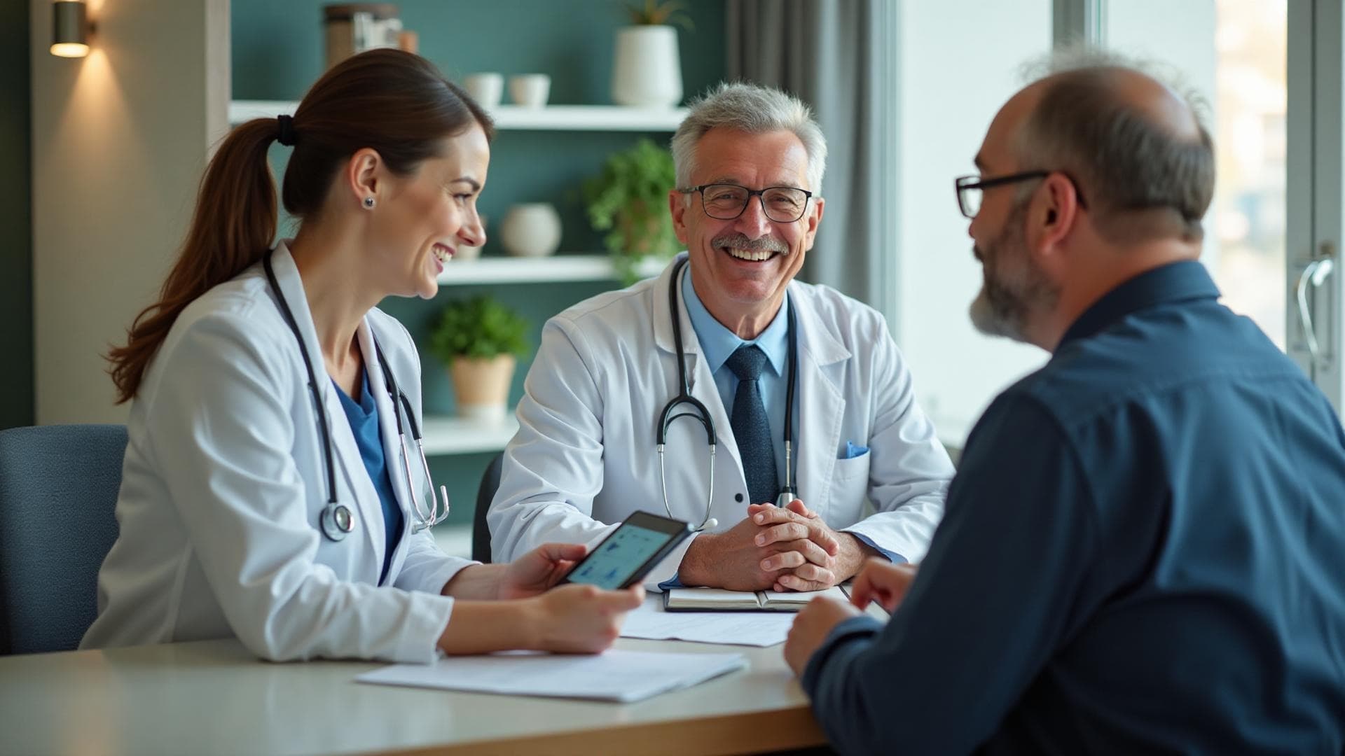 Two clinicians talking with a patient across a consultation table